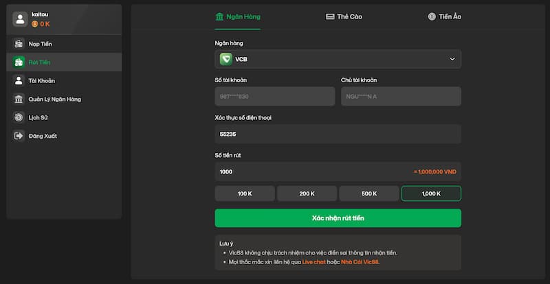 Rút thưởng Vic88 qua ngân hàng 