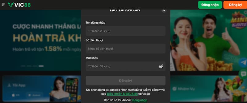 Thông tin mở tài khoản Vic88 